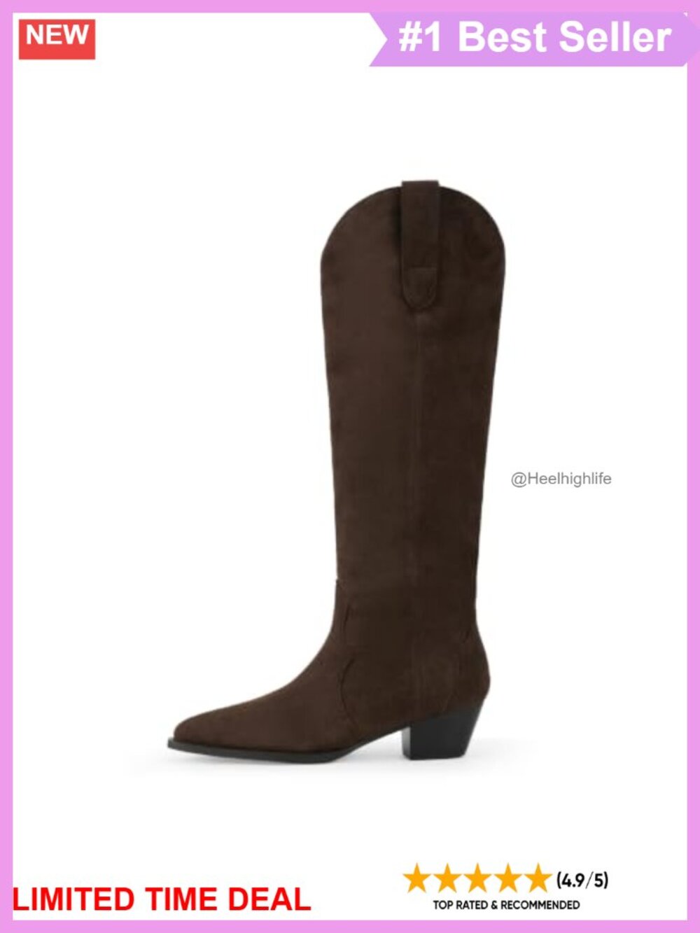 Faux Suede Cowboy Boots Pointed Toe Knee High Chunky Heel Pull On Wide Calf